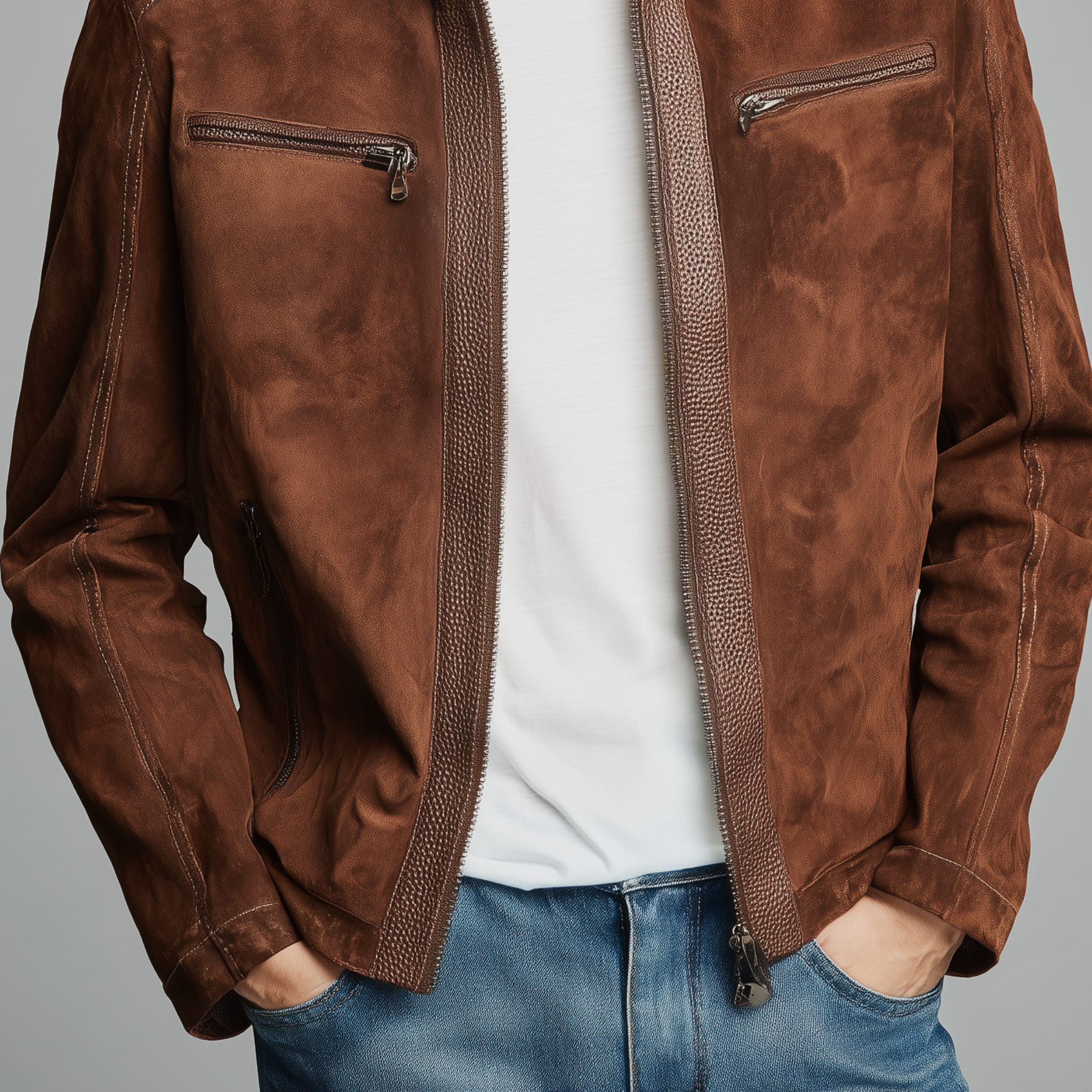 Men's Classic Retro Stand Collar Textured PU Leather Splicing Suede Slim Zipper Jacket MTA1653H6K