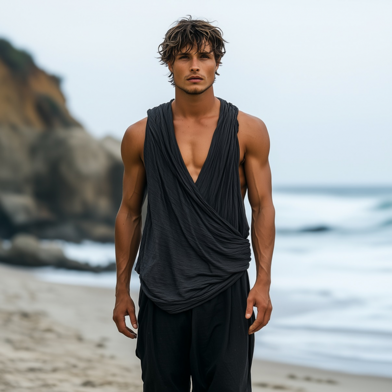 Men's Fashion Solid Color Breathable Cotton Pleated Cross Loose Tank Top MTA2058F8M