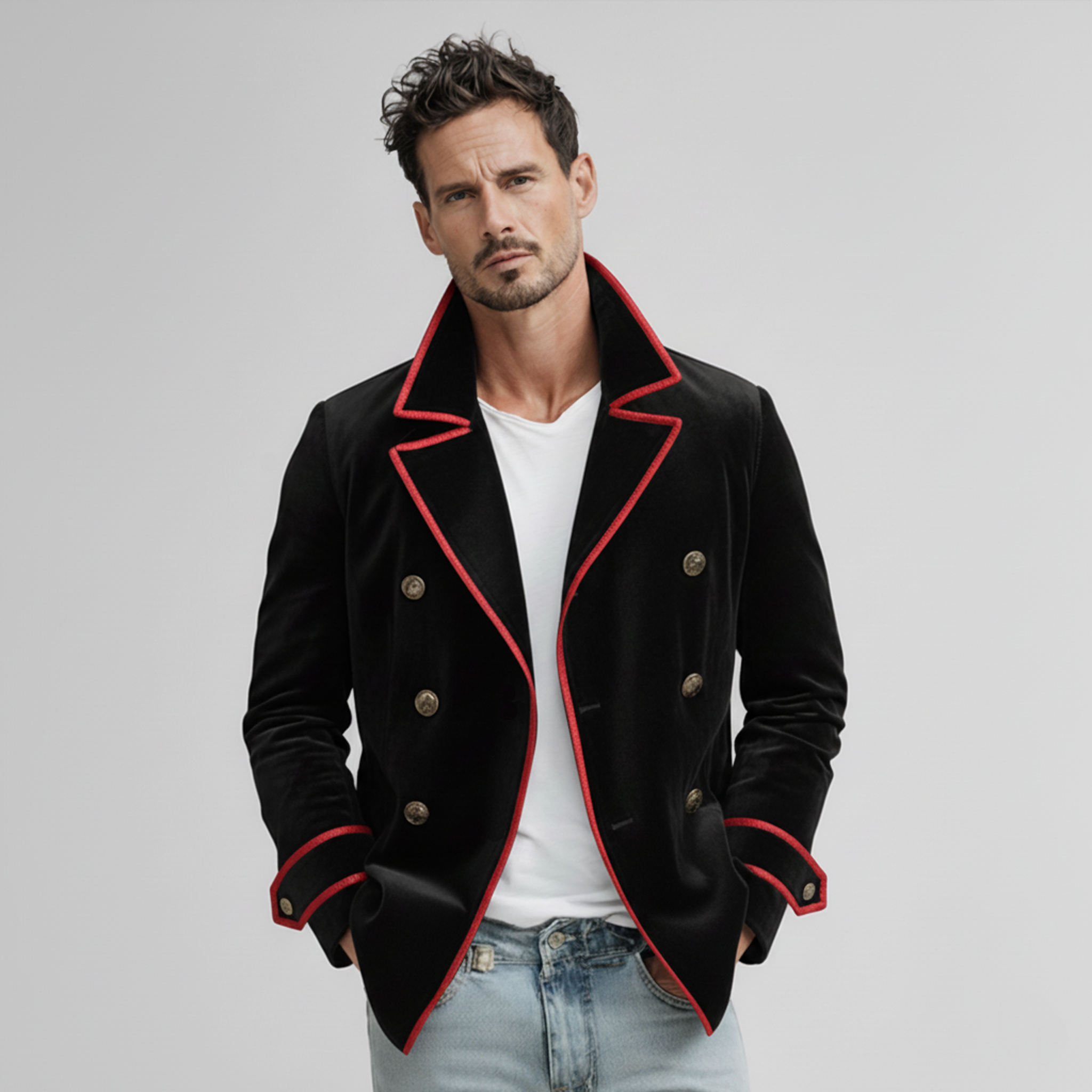 Men's Classic Retro Lapel Faux Velvet Double-breasted Jacket MTA0452L9K