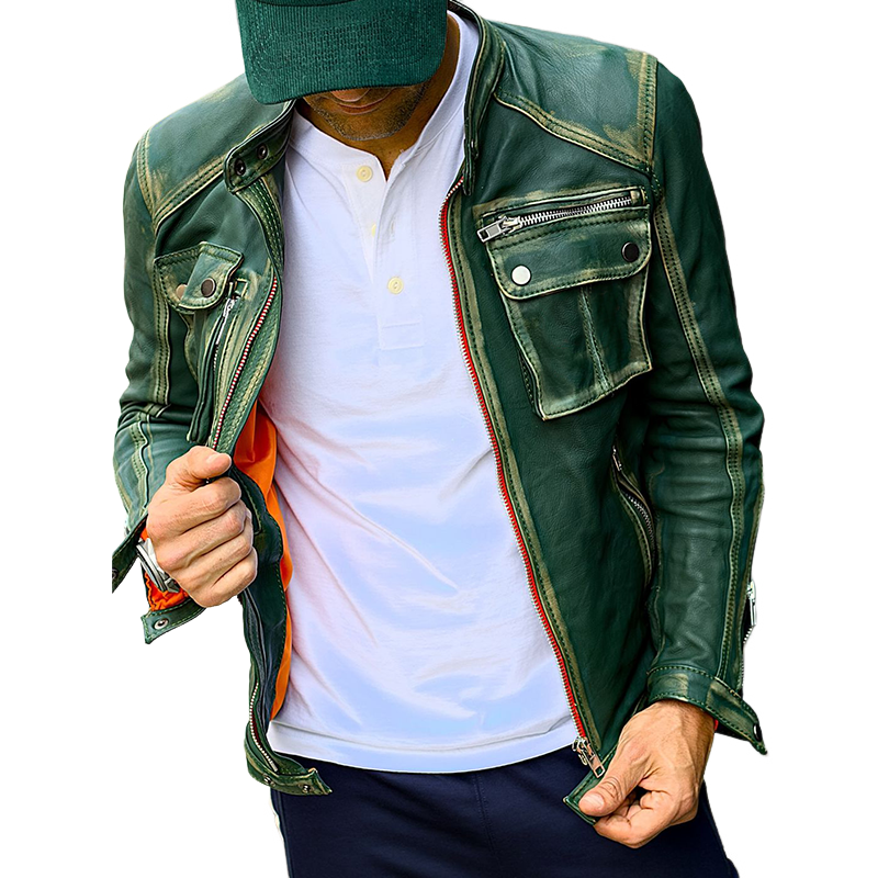 Men's Vintage Distressed PU Leather Stand Collar Zipper Jacket MTA0800I8U