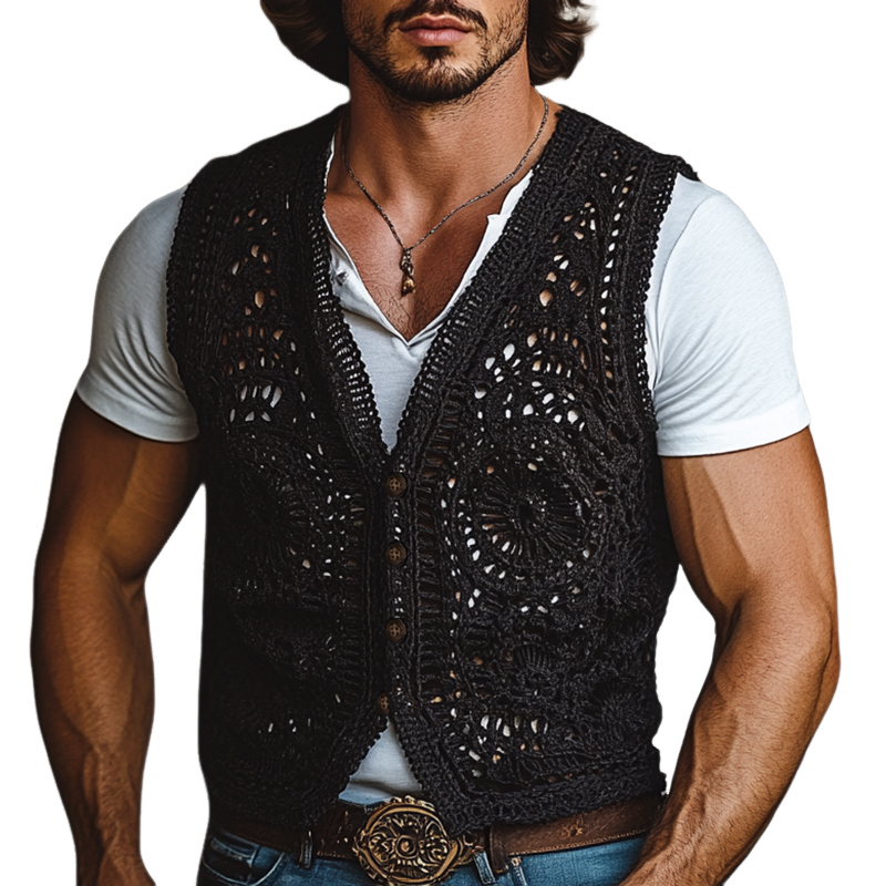 Men's Western Style Black Crochet Single Breasted Vest MTA1355F6Y