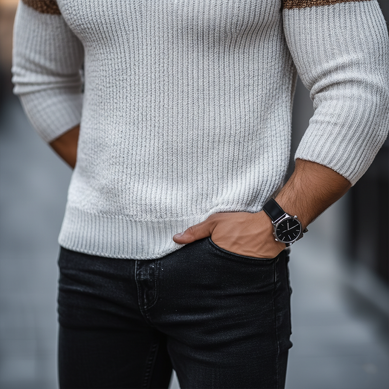 Men's Simple Color Block Cotton Yarn Knit Crew Neck Slim Fit Sweater MTA2964J7P