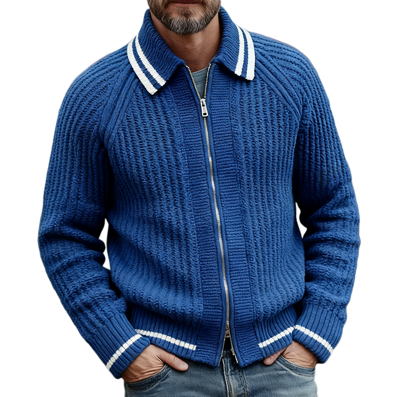 Men's Retro Casual Striped Knitted Colorblock Double Zipper Lapel Sweater Cardigan MTA1643J2TO