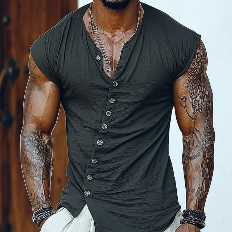 Men's Casual Solid Color Breathable Cotton Blend Oblique Placket Irregular Hem Slim Sleeveless Shirt MTA1558G7M