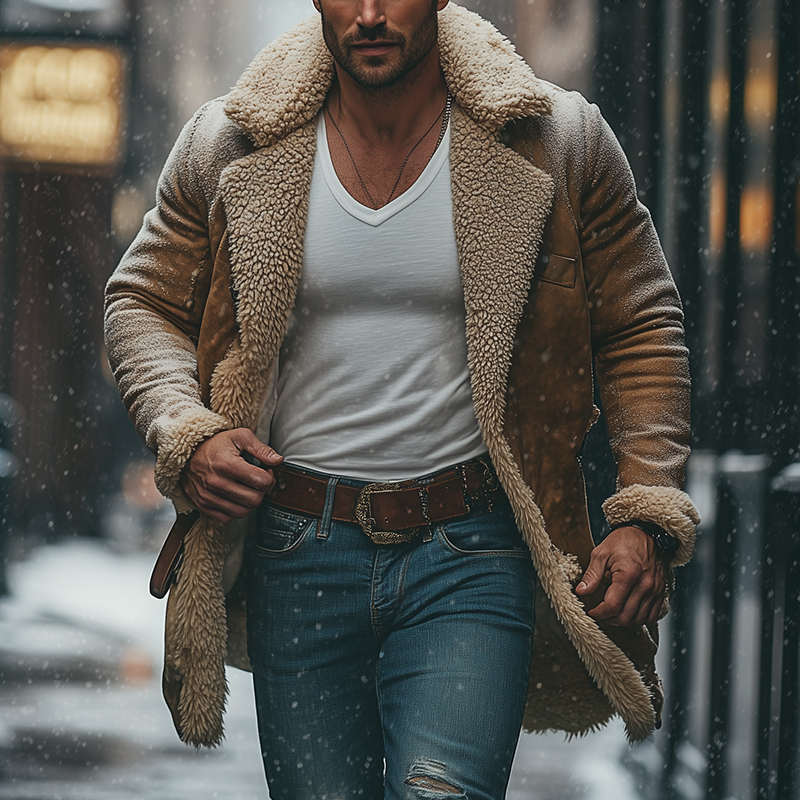 Men's Winter Retro Faux Fur Faux Leather Mid-Length Button Jacket MTA2679K7P