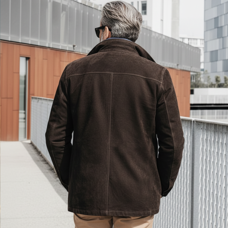 Men's Classic Dark Brown Lapel Zip-up Suede Jacket MTA1833K7U