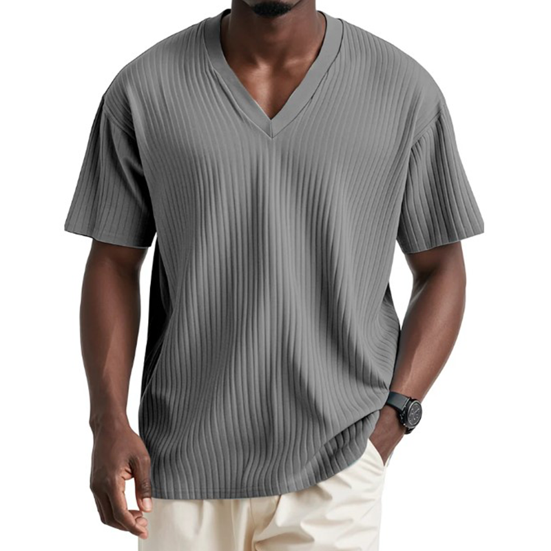 Men's Solid Color Striped Cotton And Linen Short-Sleeved T-Shirt MTA3014G8P