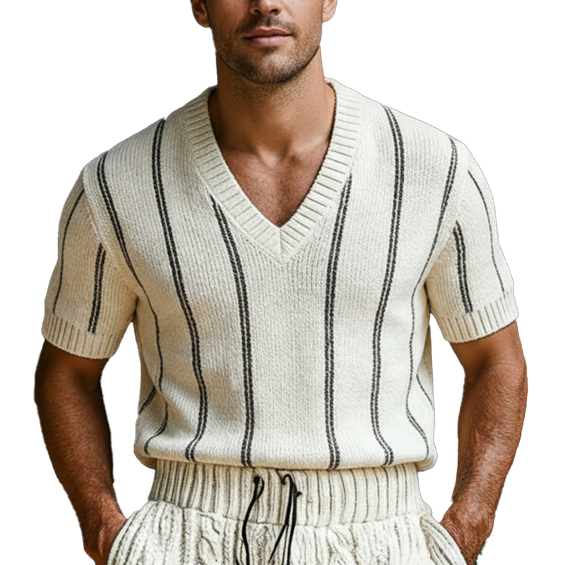 Men's Spring Fashion Vertical Striped Cotton Yarn Knitted Short-Sleeve Sweater MTZ2224A9P