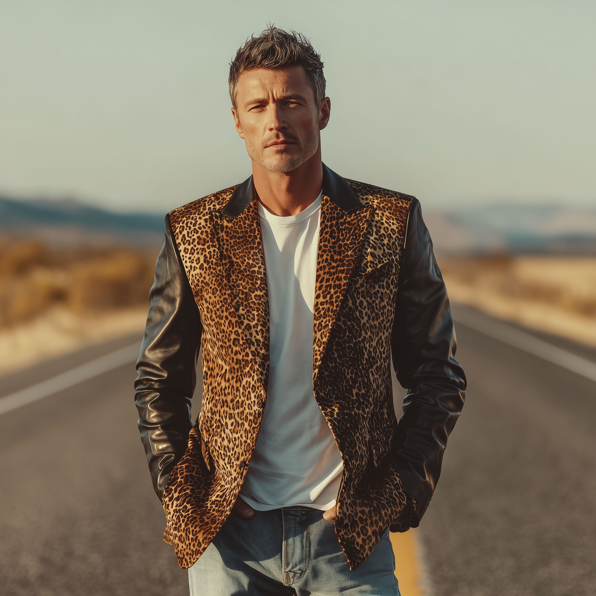 Men's Classic Fashion Leopard Suede Stitching PU Leather Single-breasted Slim-fit Blazer MTA0676H4K