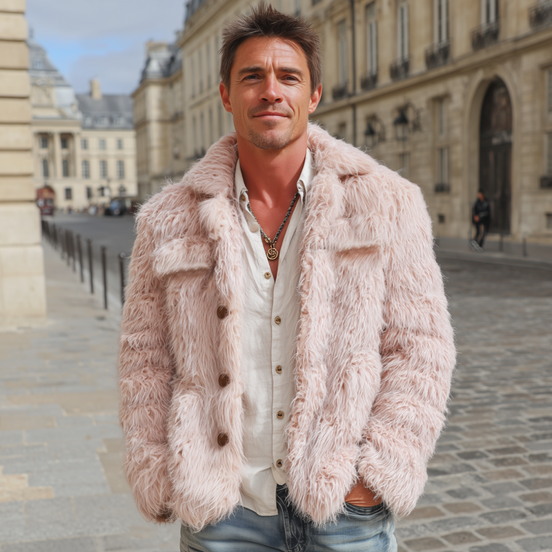 Men's Urban Fashion Light Pink Faux Fur Button Jacket MTA1788J7U