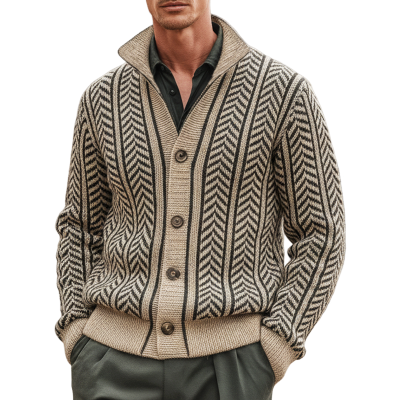 Men's Vintage Herringbone Jacquard Stand Collar Button Knit Cardigan MTA2194J0U