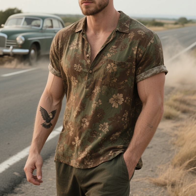 Men's Retro Casual Distressed Floral Print Lapel Short Sleeve Shirt MTA2131E7TO