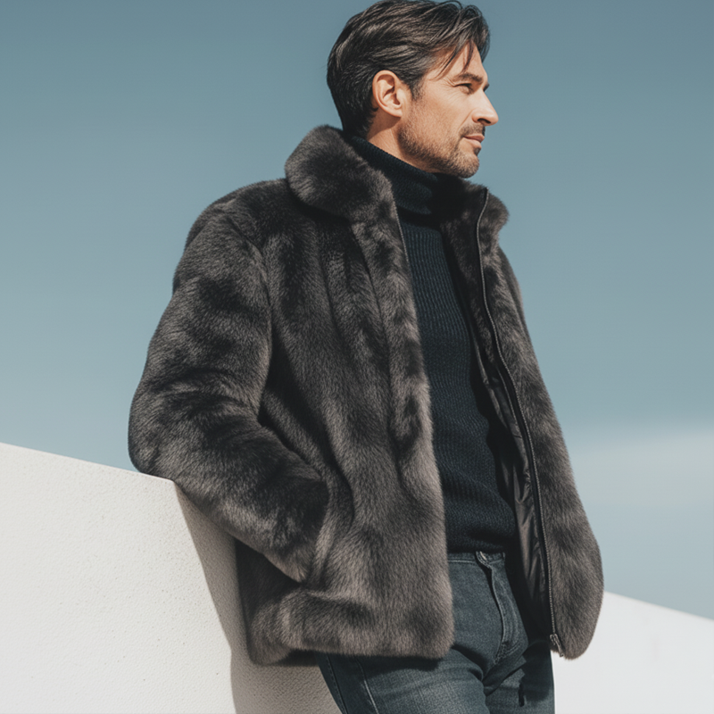 Men's Urban Style Lapel Zip-up Warm Dark Gray Faux Mink Fur Jacket MTA2584K6U