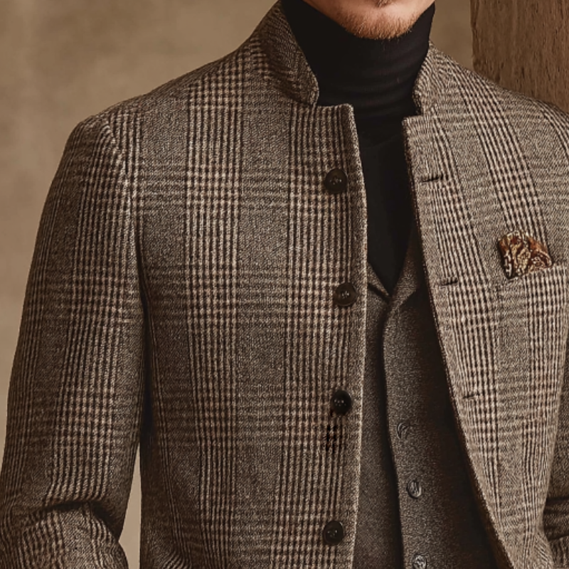 Men's Retro Casual Tweed Plaid Stand Collar Jacket MTA1165K3TO