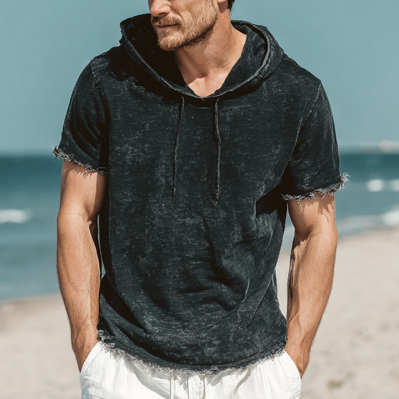 Men's Vintage Distressed Print Short Sleeve Hoodie MTA1571G3X