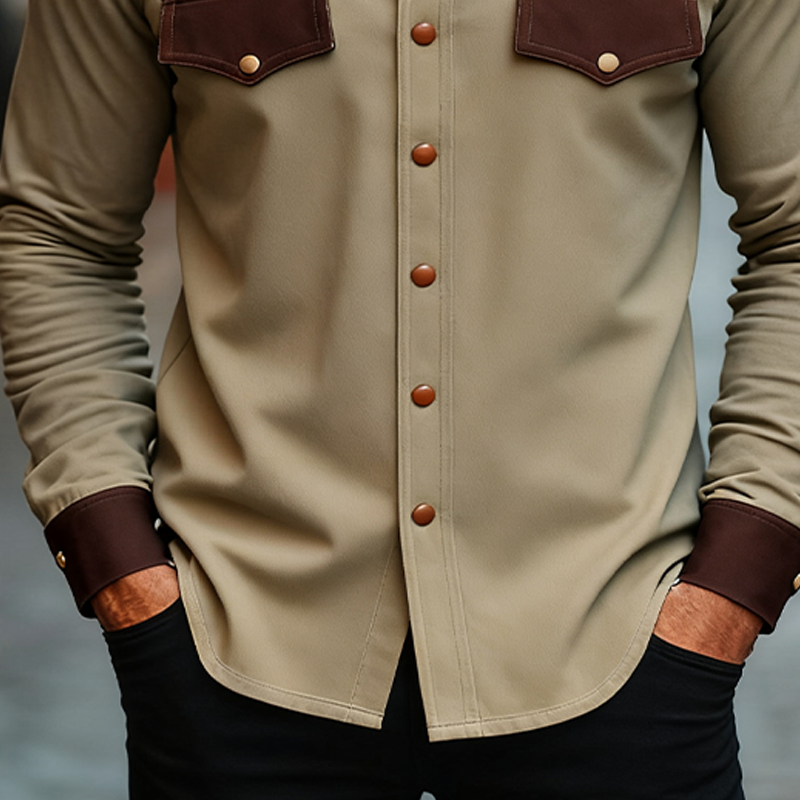 Men's Western Cowboy Style Colorblock Long Sleeve Shirt MTA2004J8X