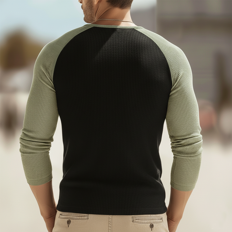 Men's Urban Henley Collar High-stretch Slim-fit Color-block Long-sleeved T-shirt MTZ3026A3U