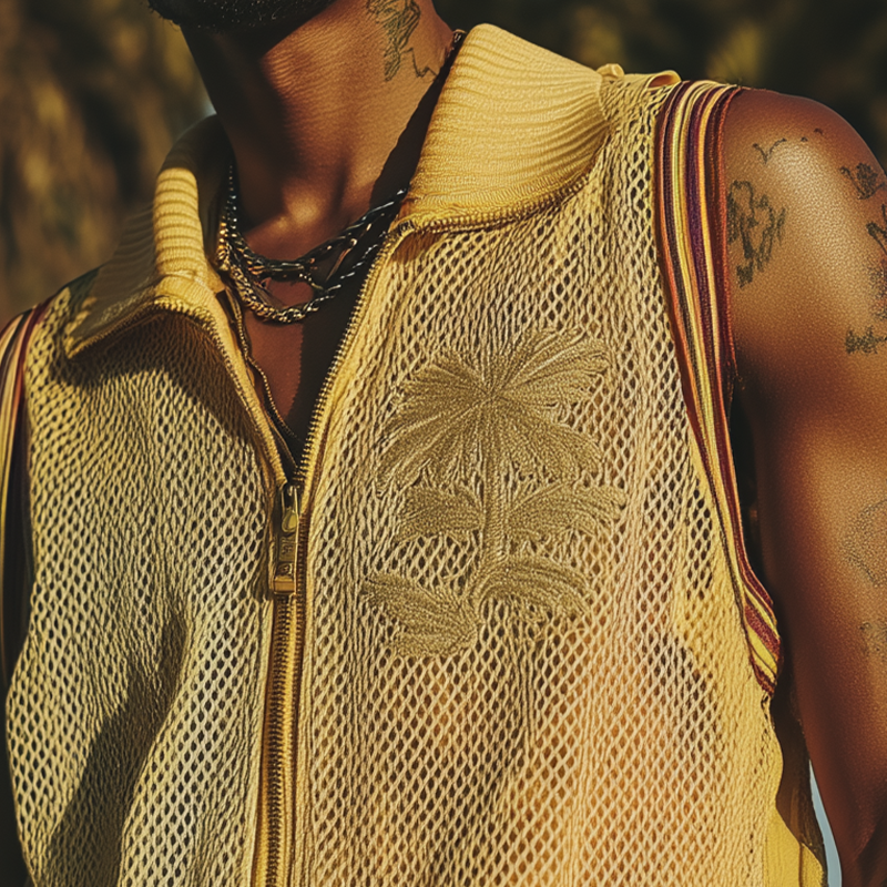 Men's Spring And Summer Fashion Casual Mesh Zipper Lapel Embroidered Sleeveless Shirt MTA1947F8K