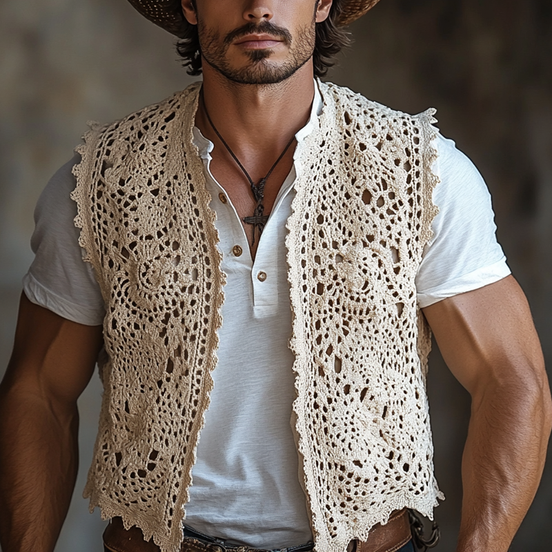 Men's Western Style Solid Color Crochet Buttonless Vest MTA1343F8Y