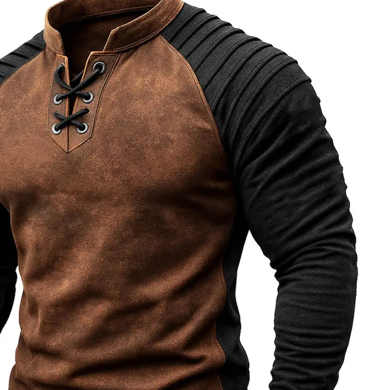 Men's Color Block Suede Stand Collar Tie-Neck Long-Sleeve T-Shirt MTA2298K9X