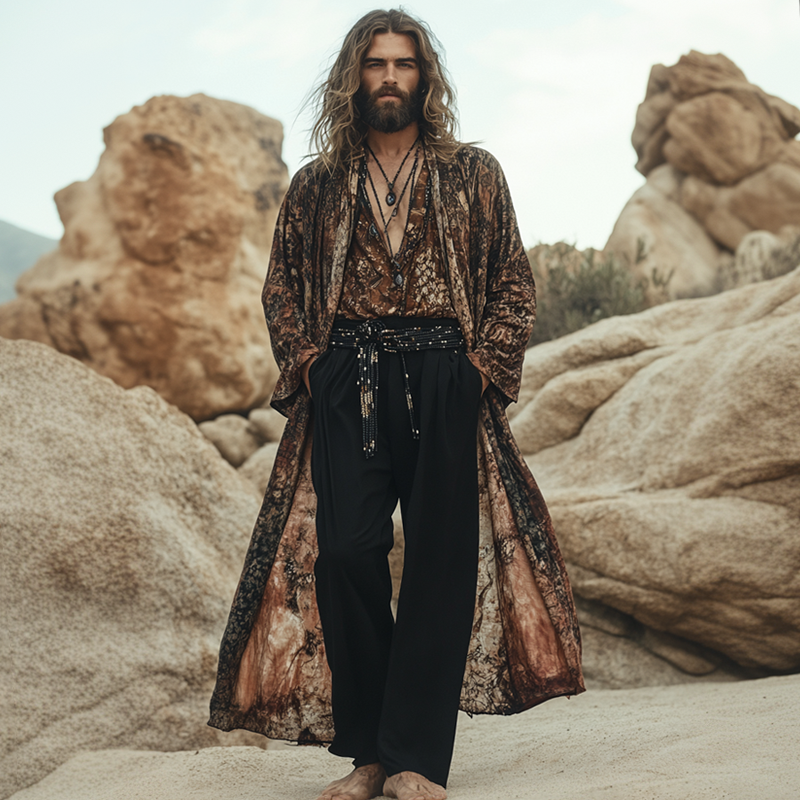 Men's Fashion Vintage Graphic Long Sleeve Loose Long Cardigan MTA1481E6Z