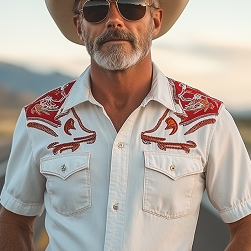 Men's Spring And Summer New Fashion Classic Retro Western Cowboy Style Cotton Blended Stitching Cotton And Linen Contrast Color Embroidery Short-Sleeved Shirt MTA0983E7K