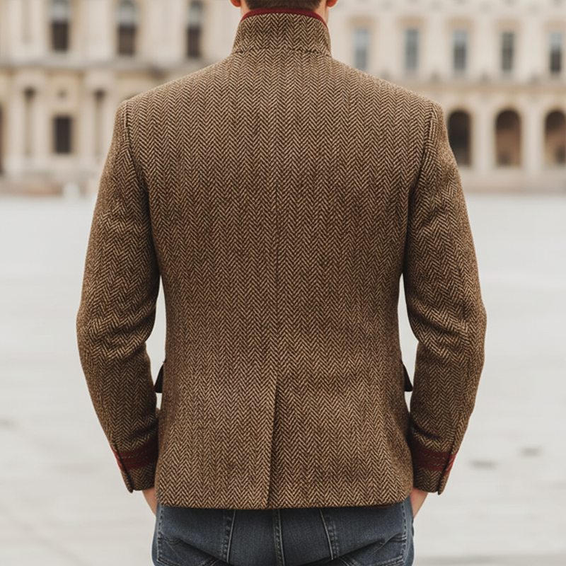 Men's Retro Stand Collar Multi-Button Herringbone Faux Wool Jacket MTA1419K1U