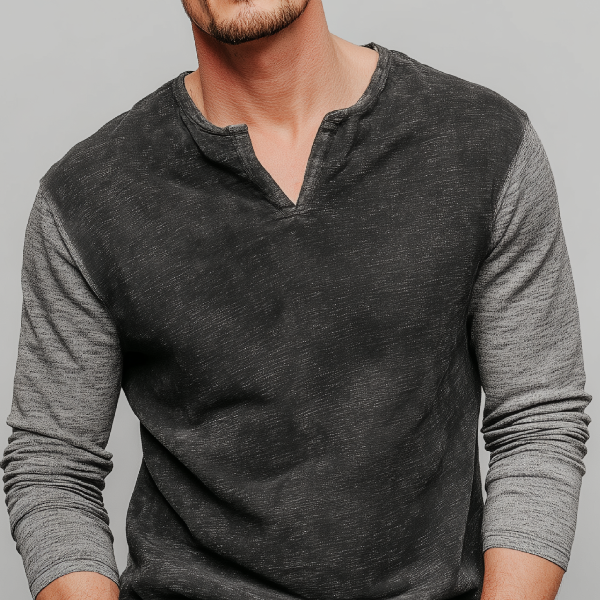 Men's Classic Casual V-neck Bamboo Cotton Patchwork Slim Fit Long Sleeve T-shirt MTA2814G8K