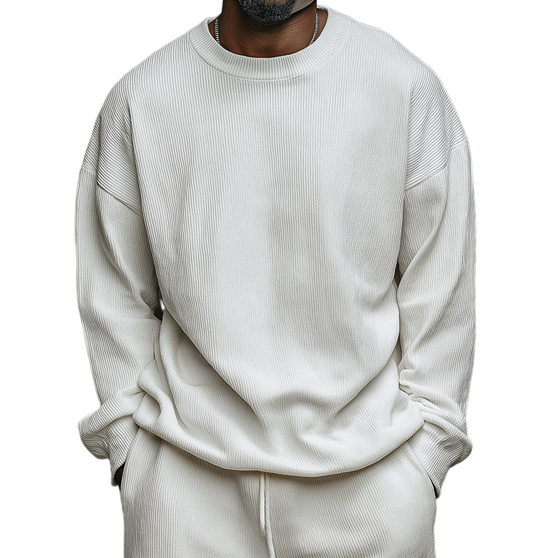 Men's Retro Casual Solid Color Ribbed Crew Neck Sweatshirt MTZ1064B7TO