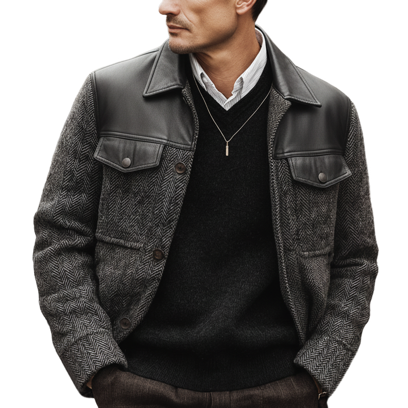 Men's Classic PU Leather Patchwork Faux Wool Button Jacket MTA3038K7U