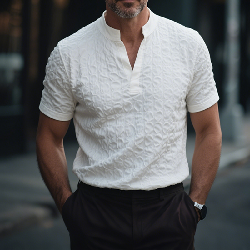 Men's Retro Casual Solid Color Bubble Crepe Stand Collar Short Sleeve Shirt MTA0805G7TO