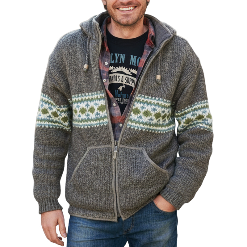 Men's Classic Colorblock Jacquard Hooded Zippered Cardigan MTA0939J1U