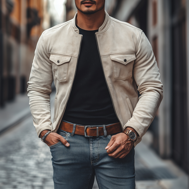 Men's Casual Vintage Solid Color Faux Suede Stand Collar Zipper Slim Short Jacket MTA3046G5M