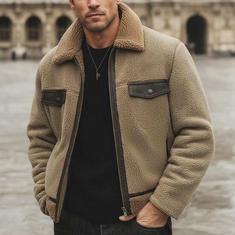 Men's Urban Warm Khaki Lambskin And PU Leather Patchwork Zip-up Jacket MTA2070K0U