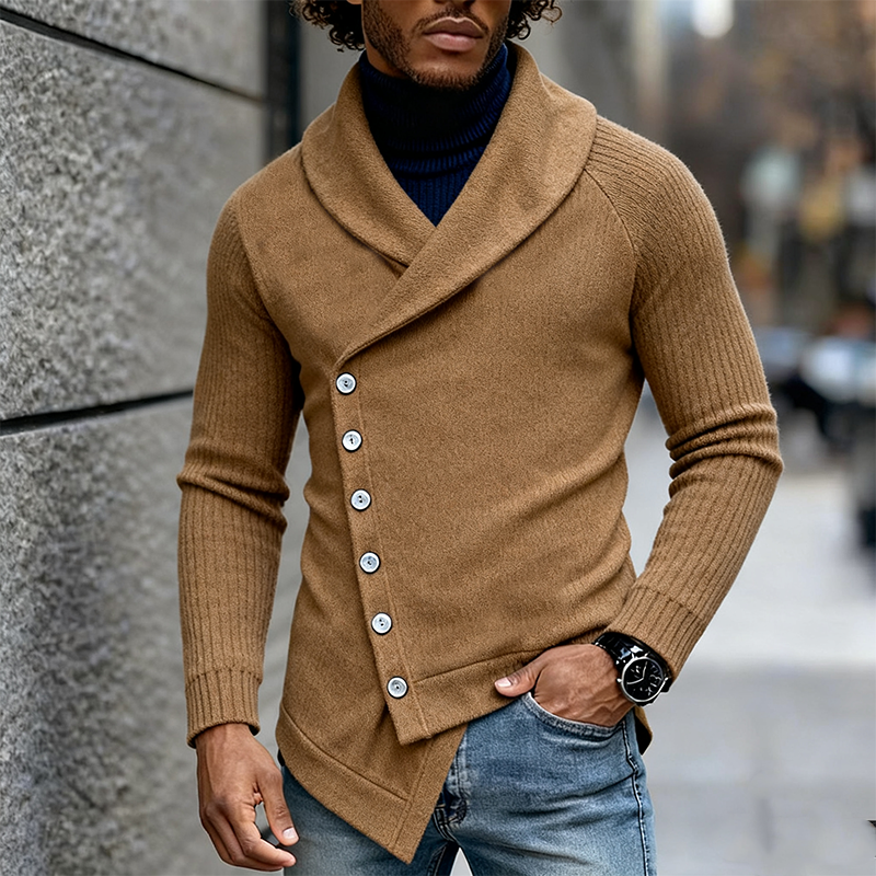 Men's Casual Solid Color Slant Button Lapel Knitted Cardigan MTA2595J0X