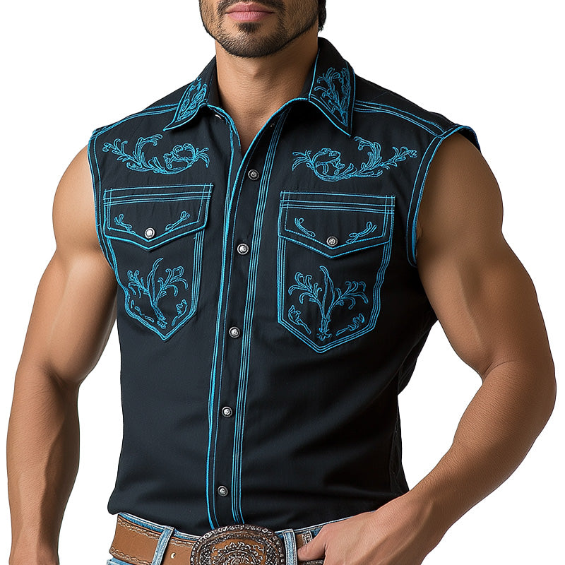 Men's Summer Western Cowboy Style Embroidered Cotton Blended Sleeveless Shirt MTA1404E4P