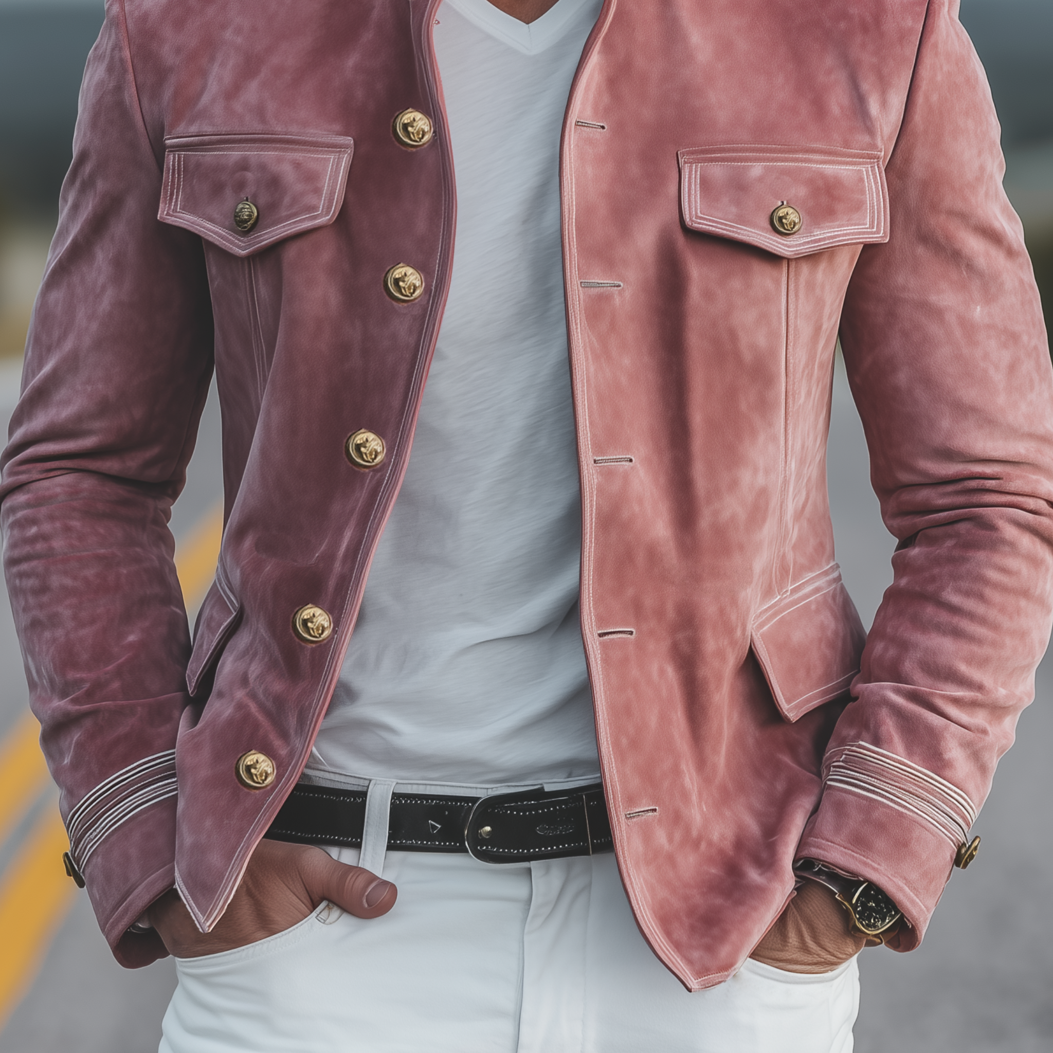Men's Classic Retro Stand Collar Pink Suede Multi-pocket Slim-fit Jacket MTA3069H5K