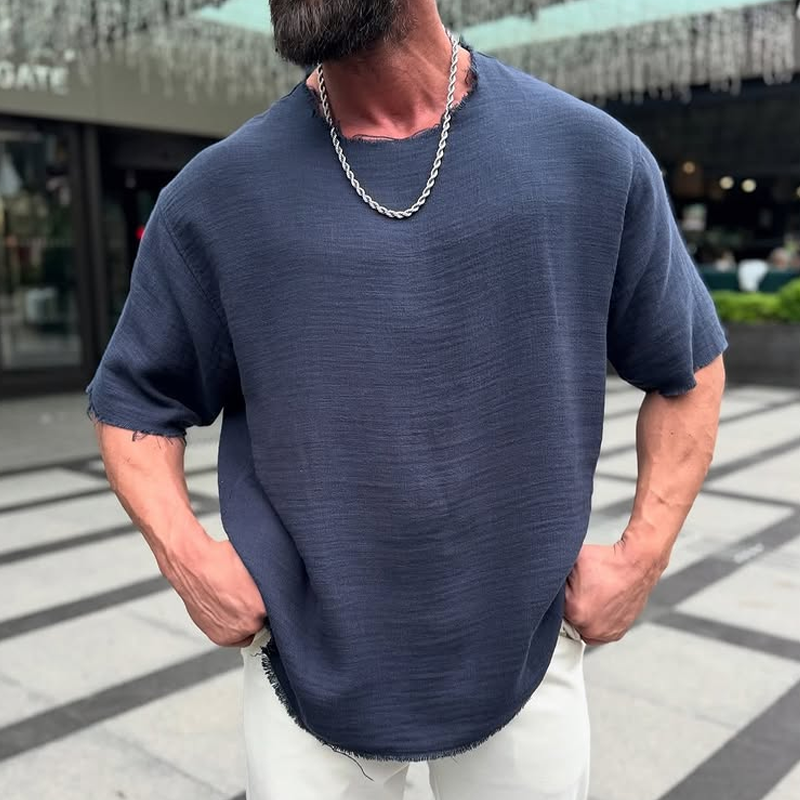 Men's Solid Cotton And Linen Rough edge Round Neck Short Sleeve T-Shirt MTA0652E8Z