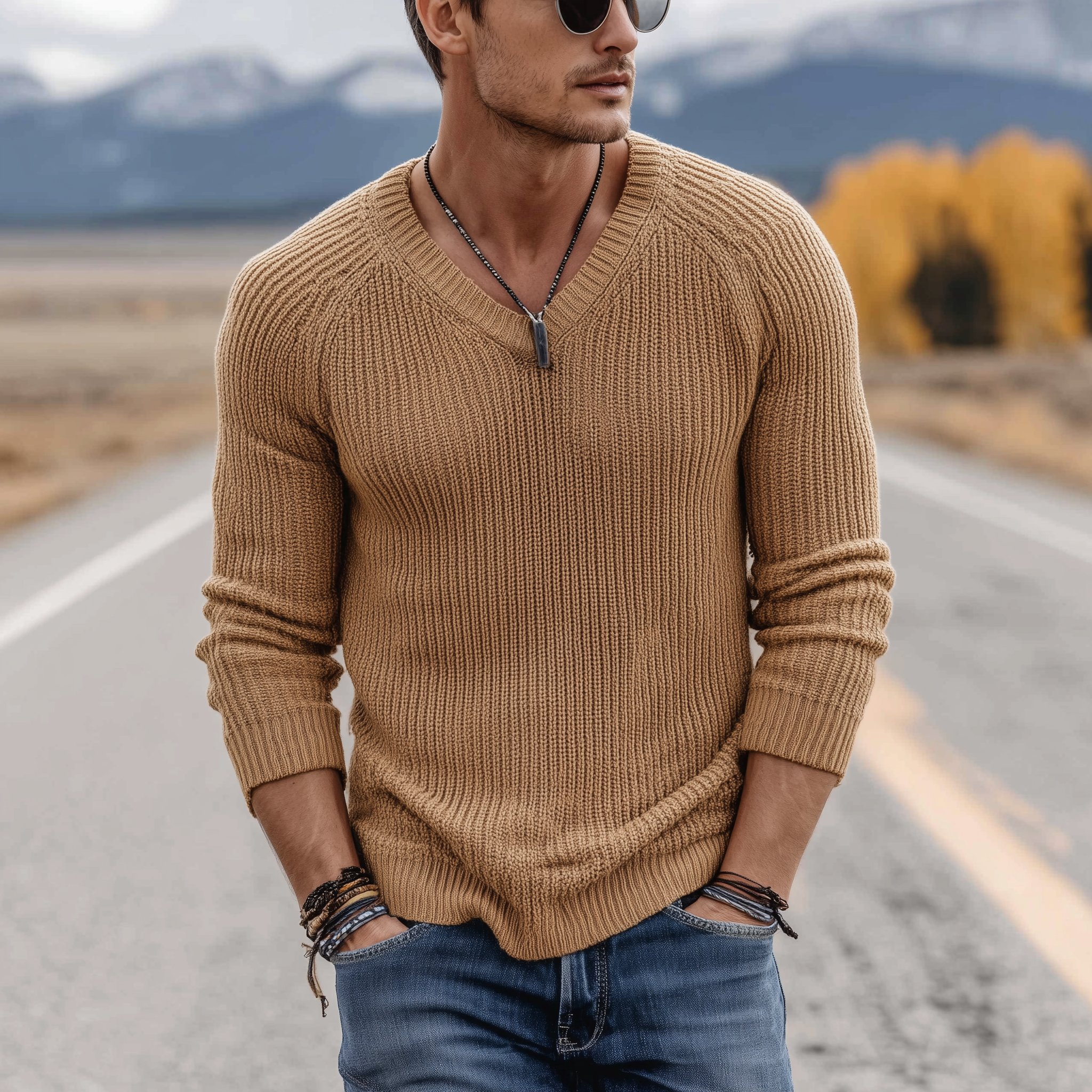 Men's Classic Casual V-Neck Slim Fit Thin Long Sleeve Sweater MTA0247H1K