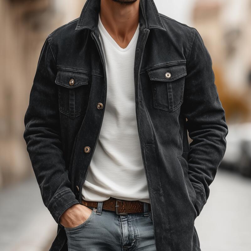Men's Vintage Outdoor Washed Distressed Denim Lapel Single-breasted Loose Mid-length Jacket MTA2589H2M