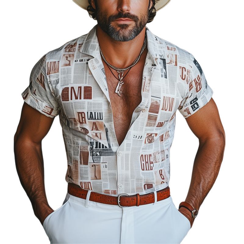 Men's Summer Fashion Newspaper Printed Short Sleeve Shirt MTA1001F0U
