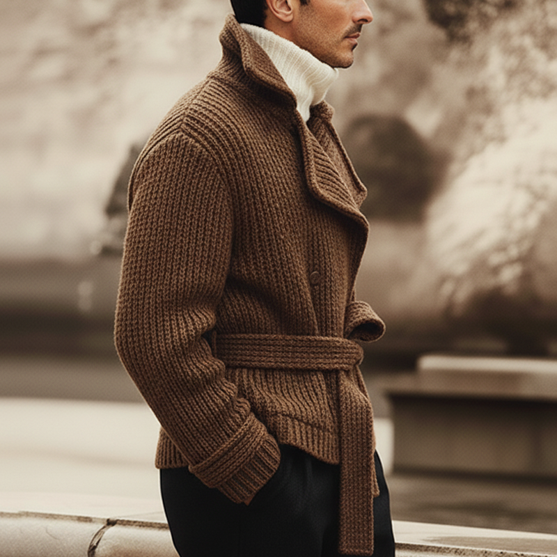 Men's Classic Notched Lapel Double-breasted Belted Knit Jacket MTA2692K0U