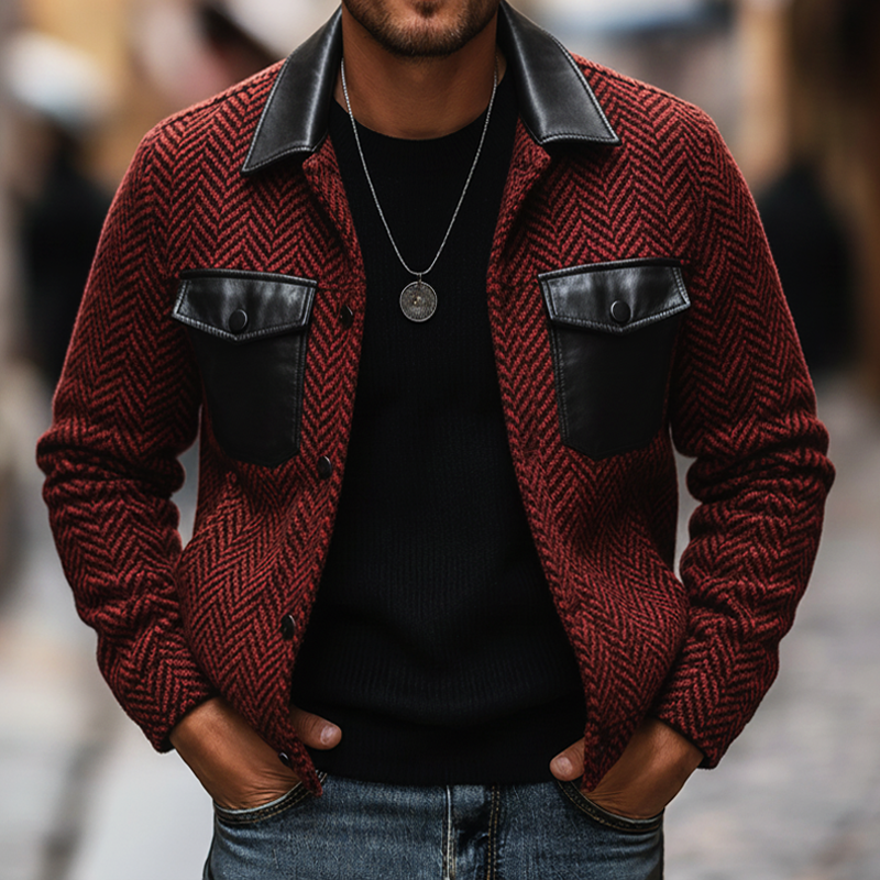 Men's Classic Urban Herringbone Faux Wool Patchwork PU Leather Jacket MTA1813K0U