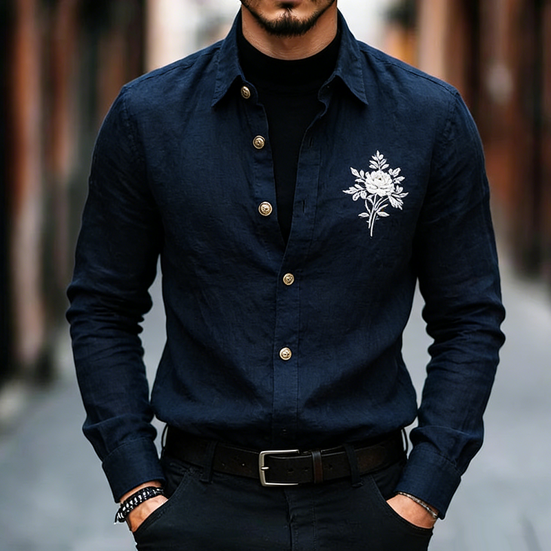 Men's Retro Casual Cotton Linen Embroidered Collar Long-Sleeved Shirt MTA2238L1TO