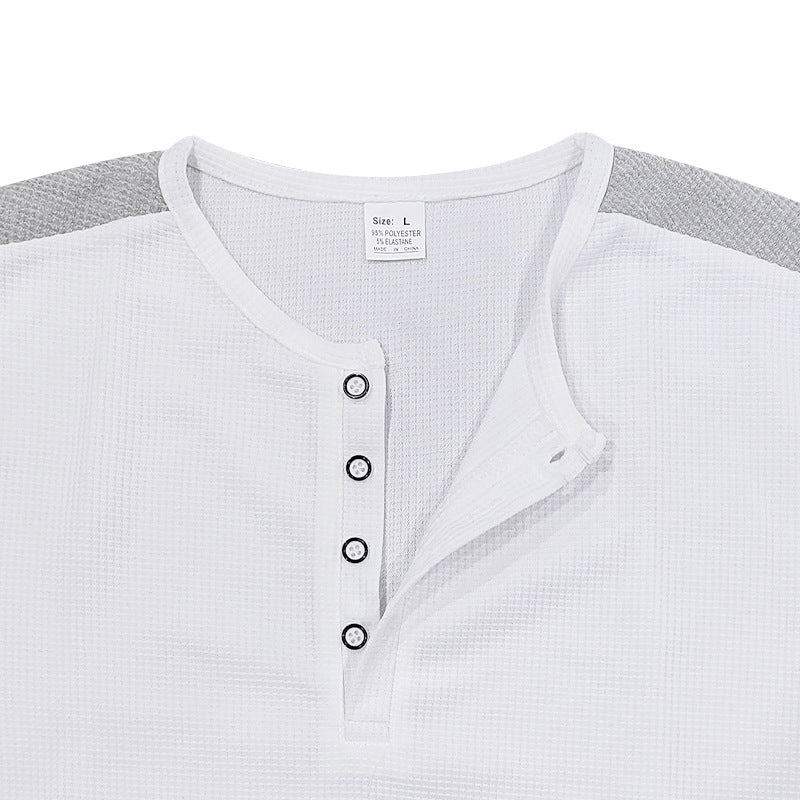 Men's Spring And Summer Fashion Casual Waffle Color Contrast Stitching Henry Collar Short Sleeve T-shirt MTA3021F4K