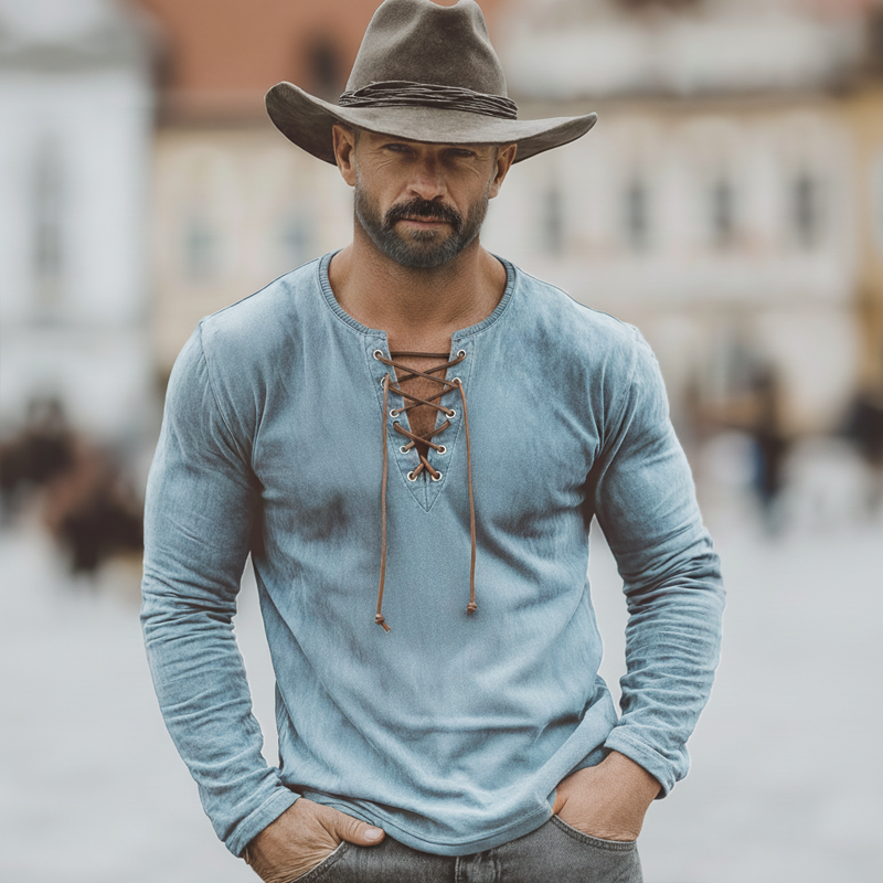 Men's Retro Lace-up V-Neck Faux Suede Long-Sleeve T-Shirt MTZ0905A1U