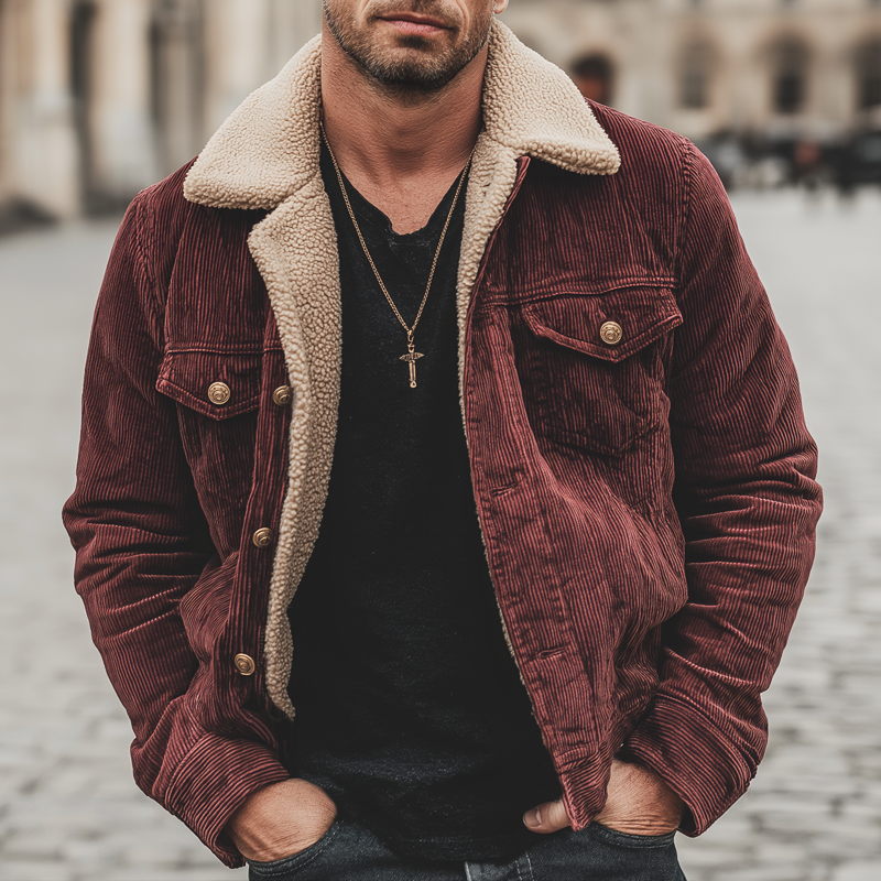 Men's Dark Red Corduroy Warm Lambswool Lined Button Jacket MTA1395K2U