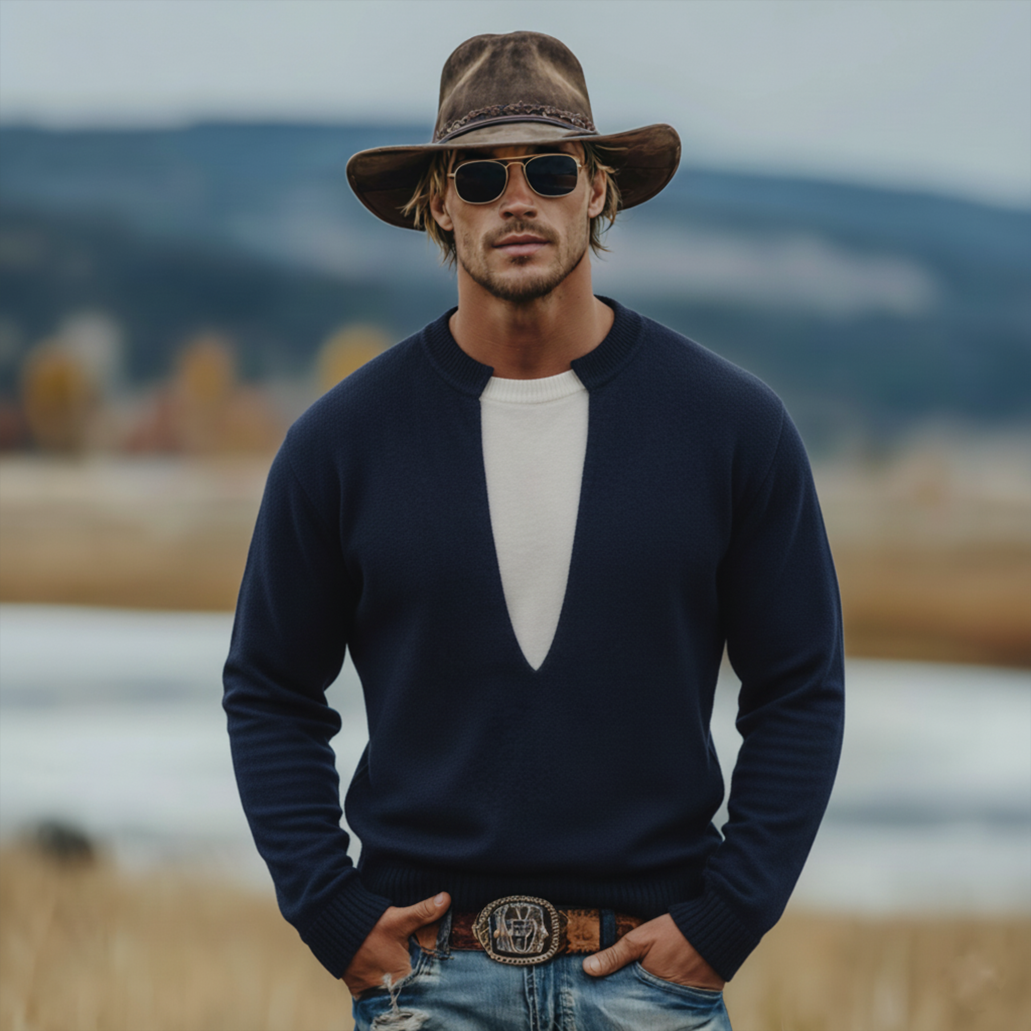 Men's Classic Casual Crew Neck Faux Two-piece Sweater MTA2831K1K