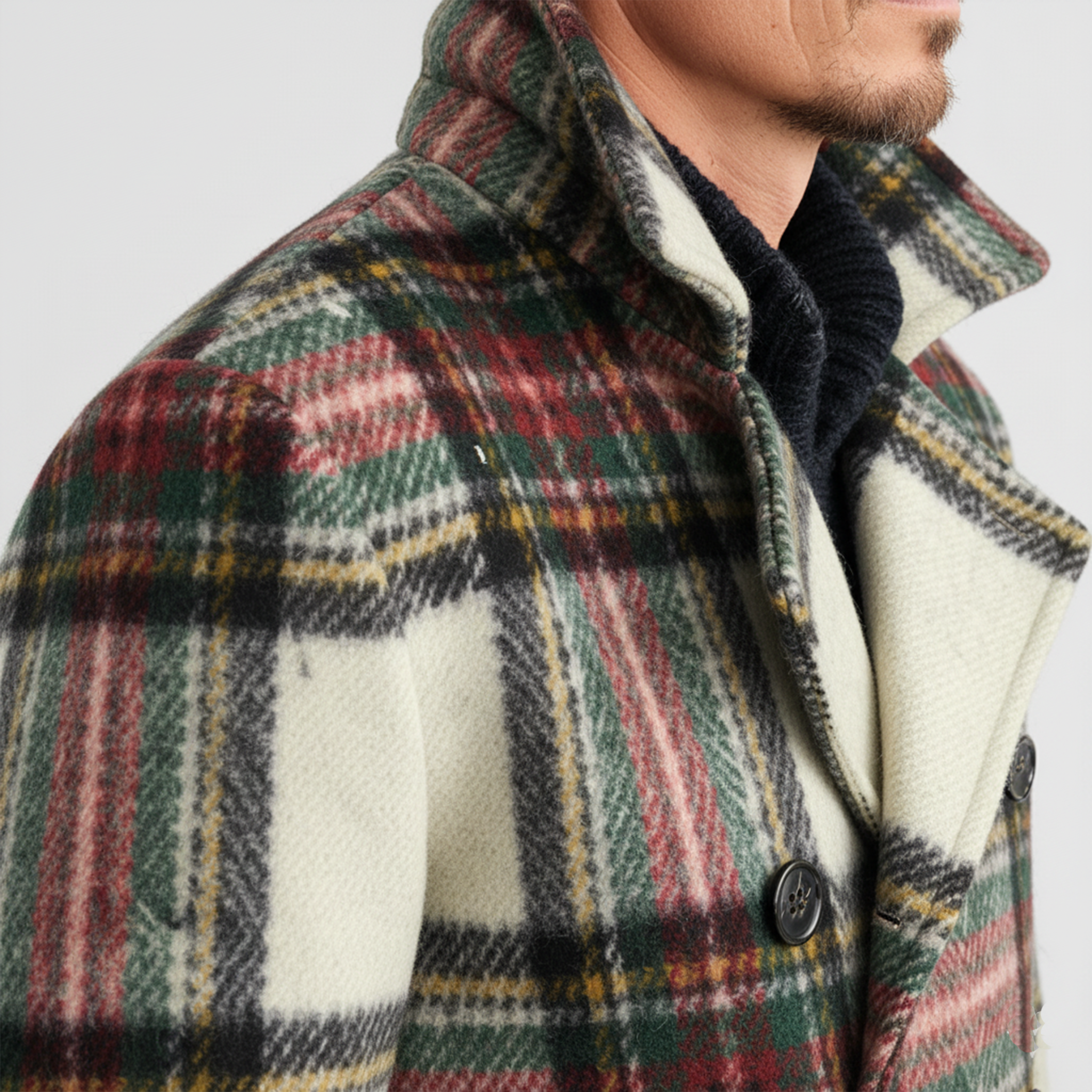 Men's Classic Lapel Christmas Party Plaid Wool Double Breasted Jacket MTA3025I3K