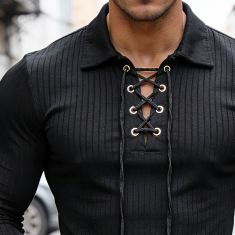 Men's Retro Casual Striped Lapel Long-Sleeve T-Shirt MTA0515L1TO